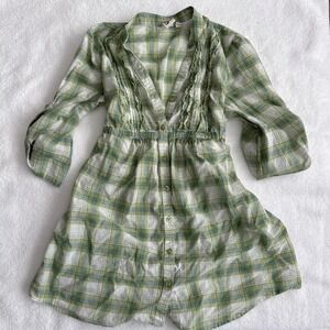 Green plaid blouse with ruffles with tie back detail
